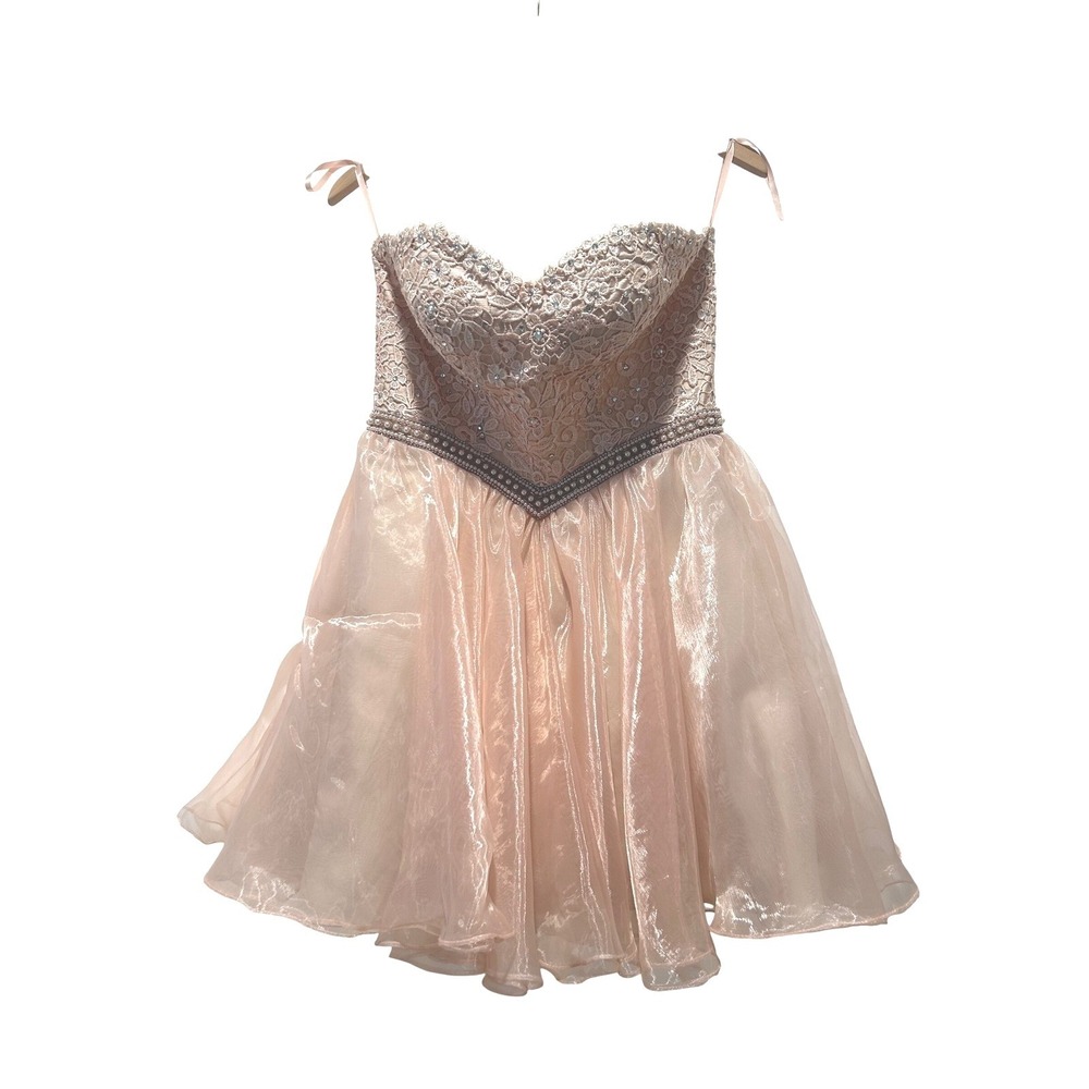 Abby Paris Lace Rhinestone Pearl Strapless Mini Dress Party Cocktail Prom Size 8